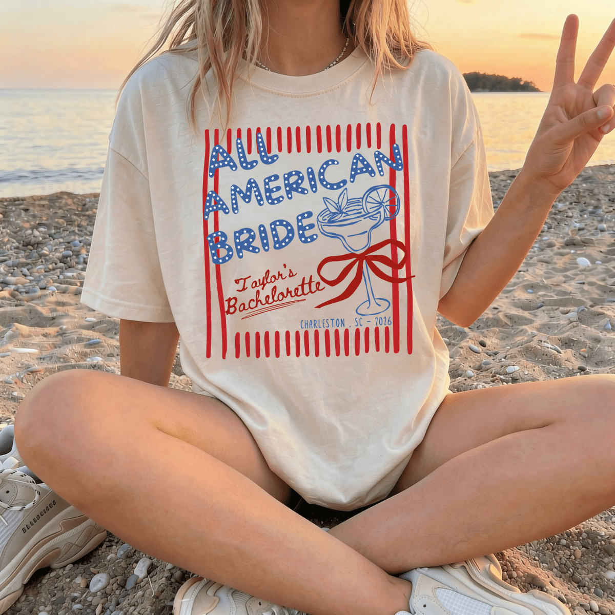 Patriotic USA All American Bride Bachelorette Custom T-Shirt - YellownBlue