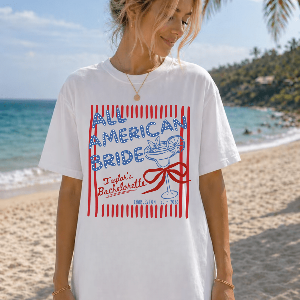 Patriotic USA All American Bride Bachelorette Custom T-Shirt - YellownBlue