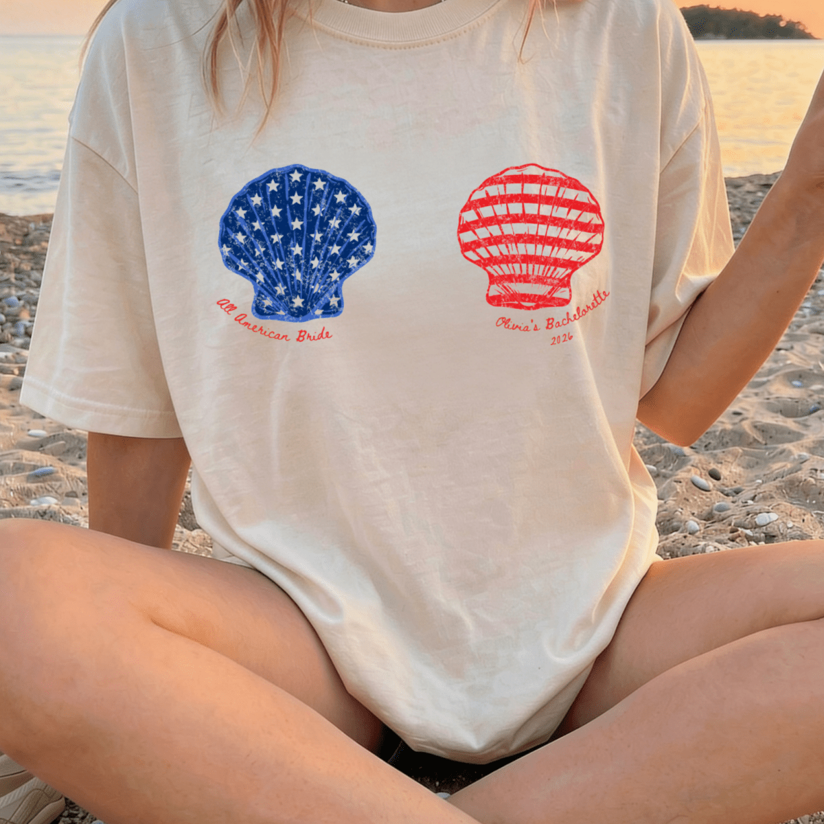 All American Bride Seashell Bachelorette Custom T-Shirt - YellownBlue