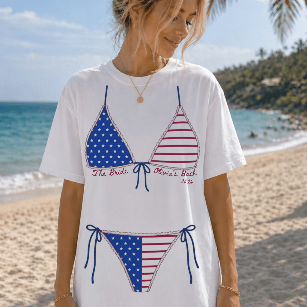 Patriotic Bikini Bachelorette Custom T-Shirt – USA Flag Bikini Tee - YellownBlue