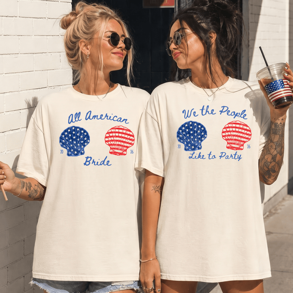All American Bride & Squad Bachelorette Custom T-Shirt Set - YellownBlue