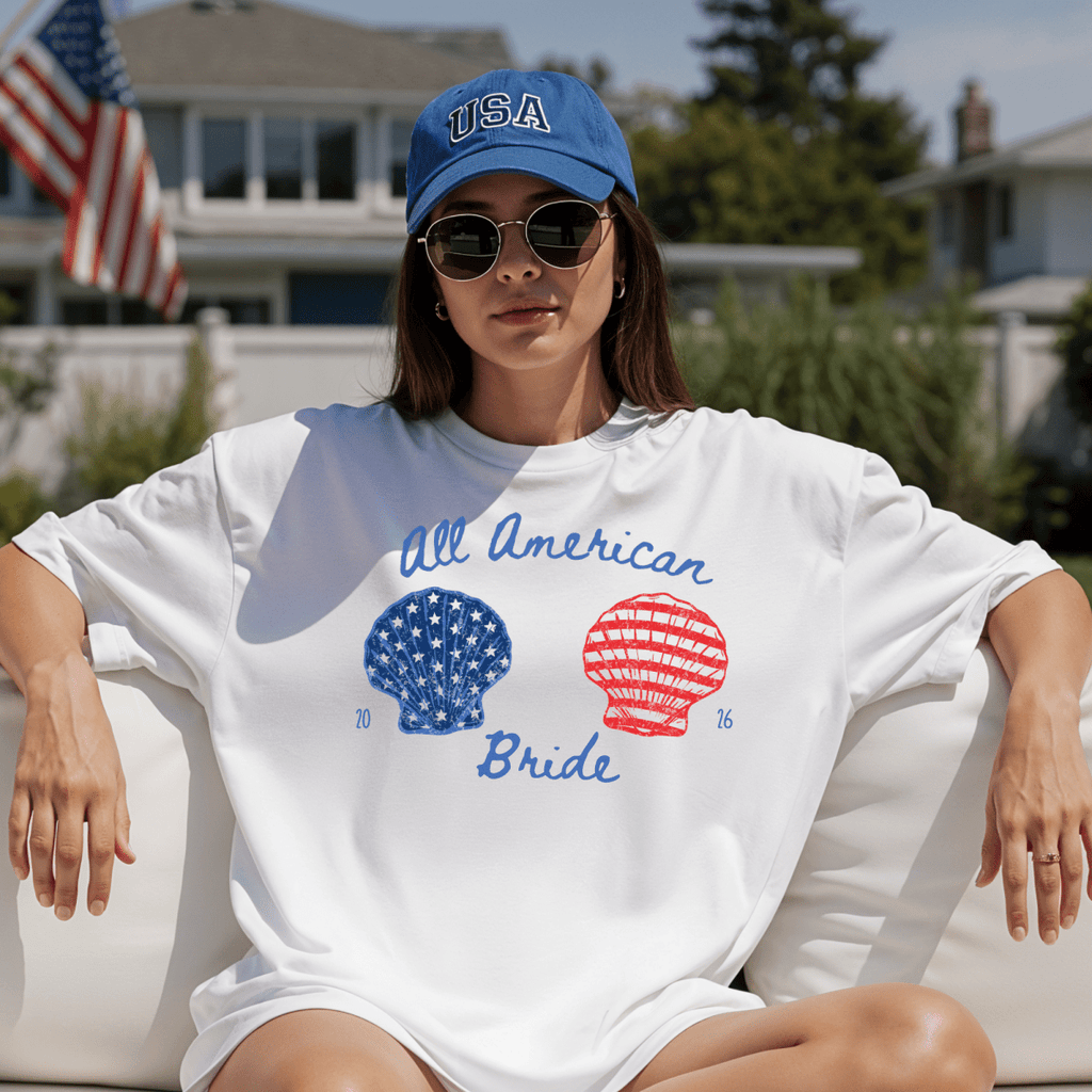 All American Bride & Squad Bachelorette Custom T-Shirt Set - YellownBlue