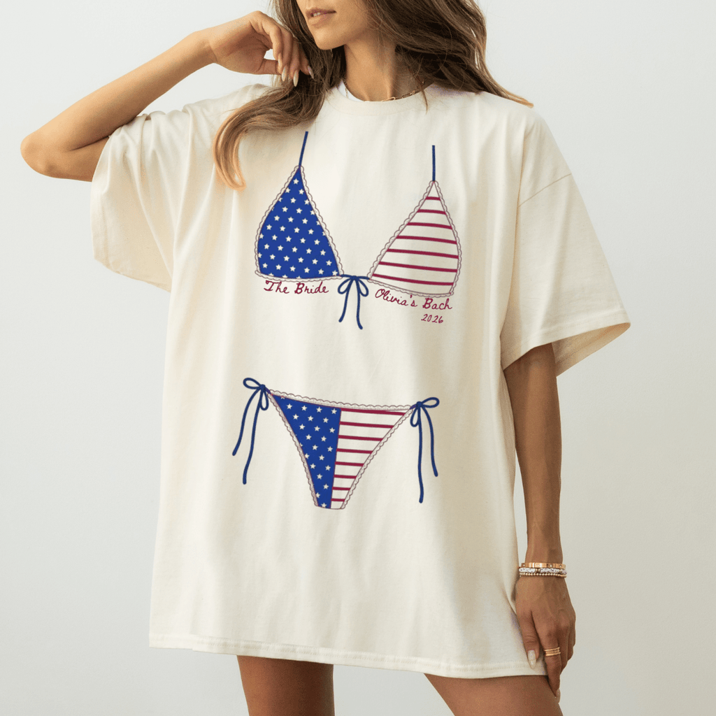 Patriotic Bikini Bachelorette Custom T-Shirt – USA Flag Bikini Tee - YellownBlue