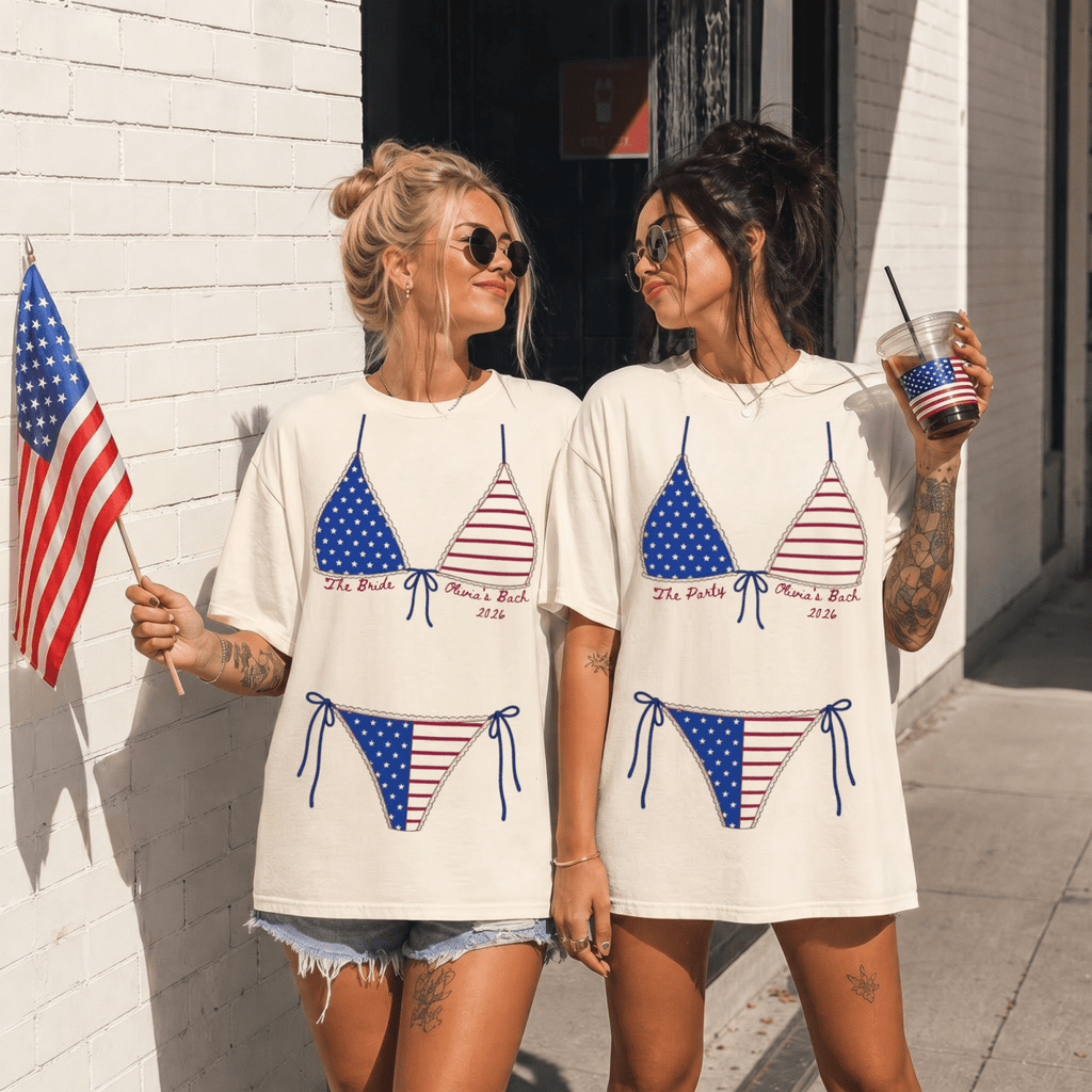 Patriotic Bikini Bachelorette Custom T-Shirt – USA Flag Bikini Tee - YellownBlue