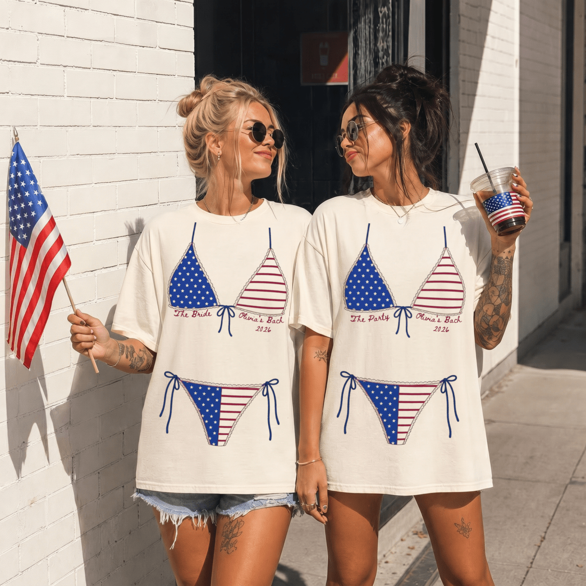 Patriotic Bikini Bachelorette Custom T-Shirt – USA Flag Bikini Tee - YellownBlue