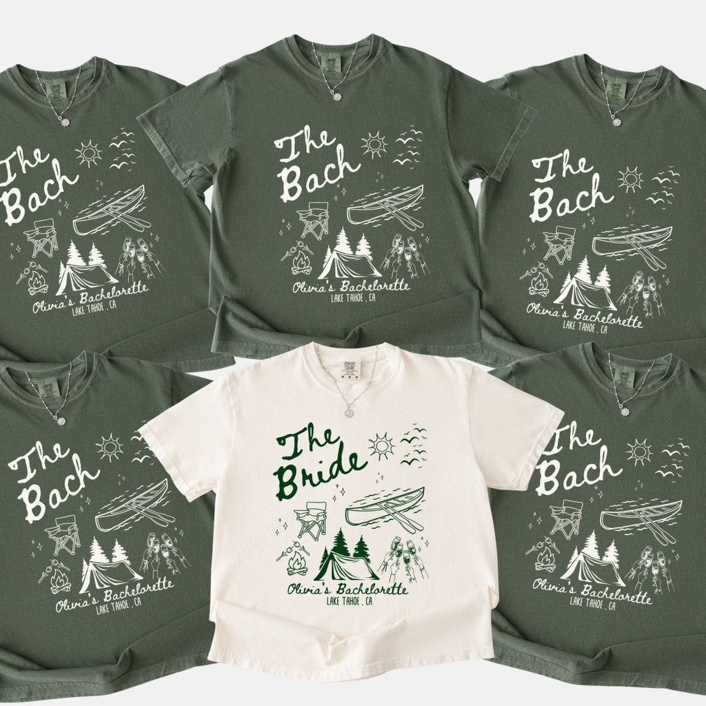 Matching Camp Lake Bachelorette Shirts Group sets | Bride Squad Camping Bach Party Shirt - YellownBlue